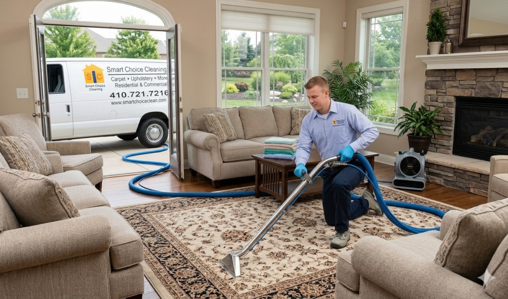 Professional carpet cleaning technician from Smart Choice Cleaning performing deep steam cleaning in a Willowick, Ohio home with a branded service van parked outside.